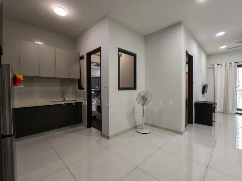Kitchen features: white painted walls, grey upper cabinets, black lower cabinets, ceramic tile flooring, recessed downlights, single-bowl stainless-steel sink, chrome pull-down faucet, built-in refrigerator, open layout to living area, window with sheer curtains; style: modern. Living features: ceramic tile flooring, white painted walls, recessed downlights, wall-mounted TV, black console table, floor-to-ceiling windows, sheer curtains, ceiling fan; style: modern. Laundry features: white painted walls, ceramic tile flooring, door to laundry area, washing machine space.