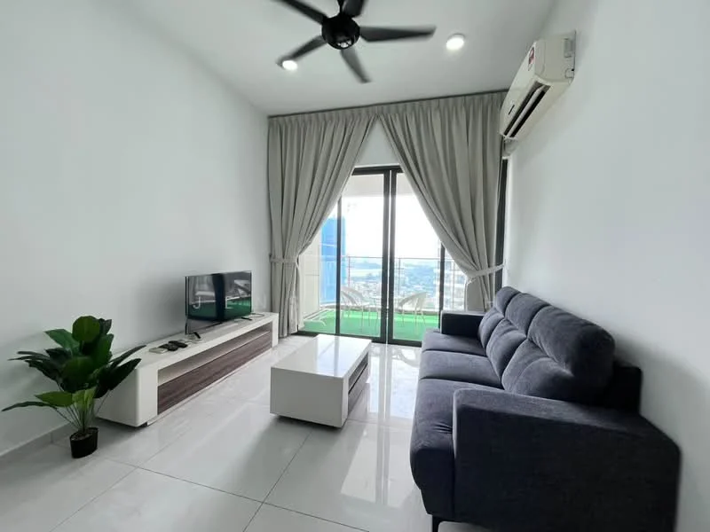 Living features: grey fabric 3-seater sofa, white coffee table, TV console, wall-mounted TV, floor-to-ceiling windows, sliding glass door, sheer curtains, recessed downlights, 1 wall-mounted split AC, polished ceramic tile flooring, decorative indoor plant; style: modern; view: city.