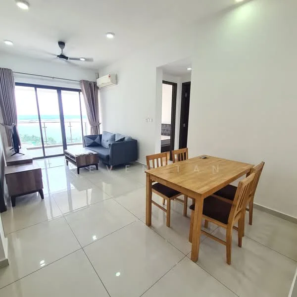Living features: white painted walls, glossy tile flooring, 5-blade ceiling fan with light, floor-to-ceiling sliding glass door, curtains, sofa in grey fabric, wooden coffee table, 4-seater wooden dining table, air conditioning unit, decorative wall art; style: modern; view: sea.