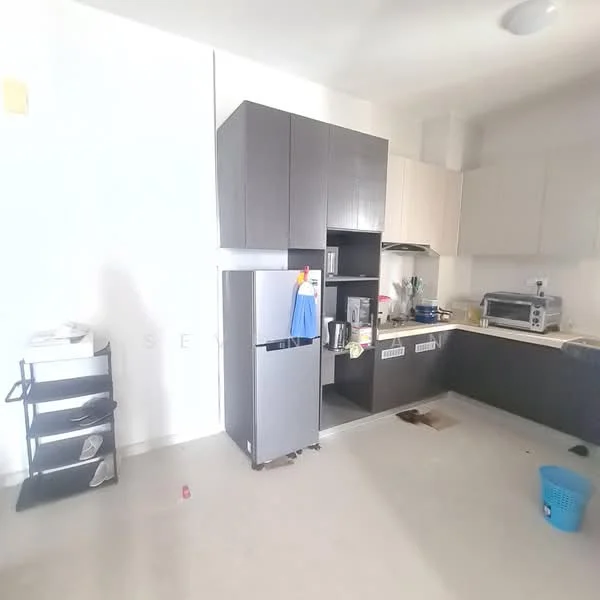 Kitchen features: dark wood cabinetry, light-colored upper cabinets, countertop with sink, stainless-steel fridge, built-in microwave, freestanding toaster, kitchen appliances visible, open shelving, light-colored walls, tile flooring; style: modern.