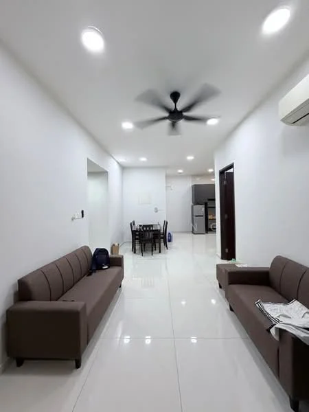 Living features: two brown fabric sofas, white painted walls, polished ceramic tile flooring, 5-blade ceiling fan with light, recessed LED downlights, air conditioning unit, dining table with chairs visible in background; style: modern.