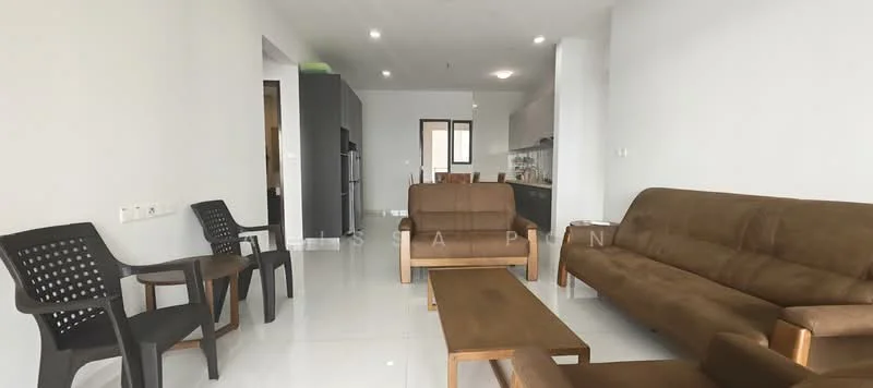 Living features: brown fabric sofa, 2-seater sofa, coffee table, 2 black plastic chairs, white painted walls, glossy white tile flooring, recessed downlights, open layout to kitchen, floor-to-ceiling windows, neutral decor; style: modern.