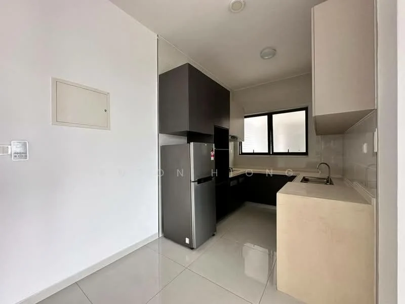 Kitchen features: white painted walls, grey cabinetry, light beige countertop, stainless-steel fridge, built-in oven, single-bowl stainless-steel sink, chrome pull-down faucet, ceramic tile flooring, recessed downlights, window with city view; style: modern; view: city.