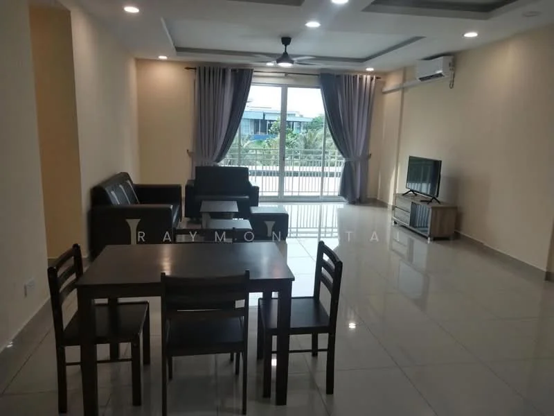 Living features: 3-seater fabric sofa in dark grey, 2-seater fabric sofa in dark grey, wooden dining table for 4, 4 dining chairs, floor-to-ceiling windows, sliding glass door, curtains, ceiling fan with light, recessed downlights, wall-mounted TV, polished ceramic tile flooring, light beige painted walls, air conditioning unit; style: modern; view: garden.