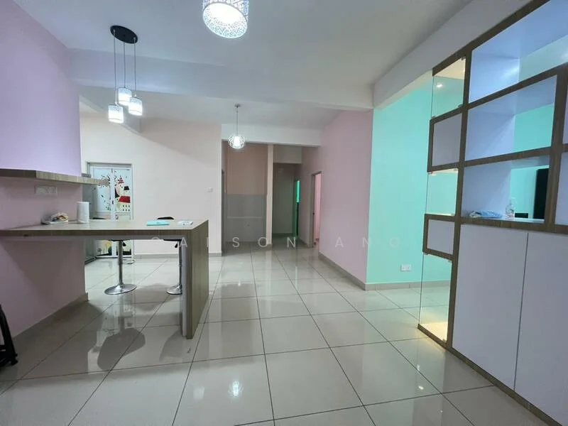 Room features: light pink painted walls, white tiled flooring, recessed downlights, pendant lighting, open layout, kitchen island with bar stools, wall-mounted TV, glass partition, green accent wall, doorway leading to another room; style: modern.
