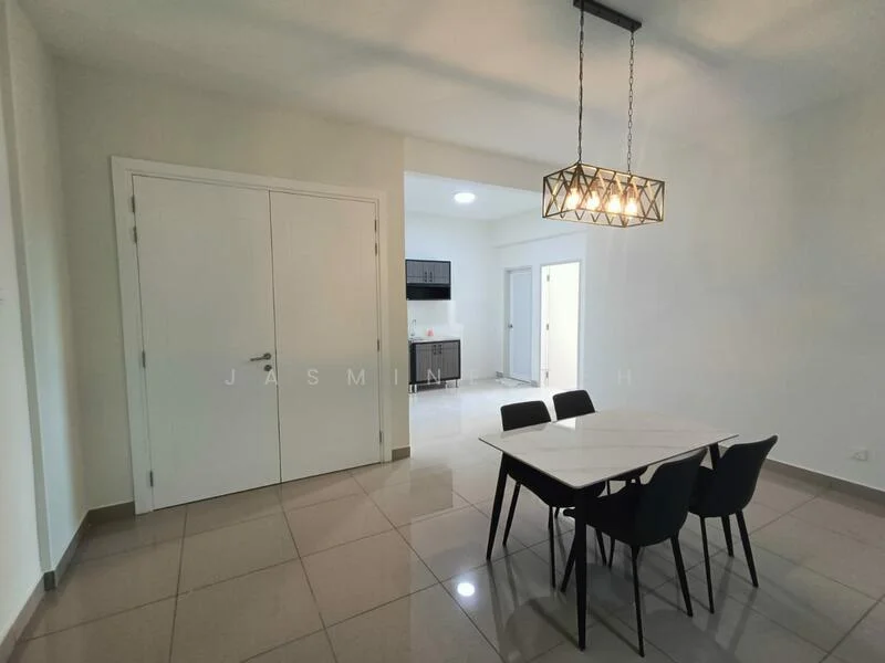 Dining features: white walls, glossy tile flooring, 6-seater rectangular dining table, black upholstered dining chairs, chandelier light fixture, recessed ceiling lights, double doors leading to another room, open layout to living area; style: modern. Room features: white walls, glossy tile flooring, television unit, door leading to hallway.