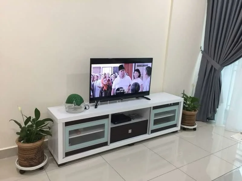 Living features: white and brown TV console, wall-mounted TV, ceramic tile flooring, grey curtains, floor-to-ceiling windows, indoor plants in decorative pots, light-colored walls, recessed lighting; style: modern.