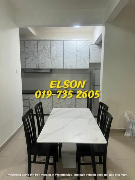 Dining features: 6-seater dining table with marble top, black wooden dining chairs, white painted walls, grey cabinetry with marble pattern, stainless-steel fridge, ceramic tile flooring, recessed downlights, kitchen area visible in background; style: modern.