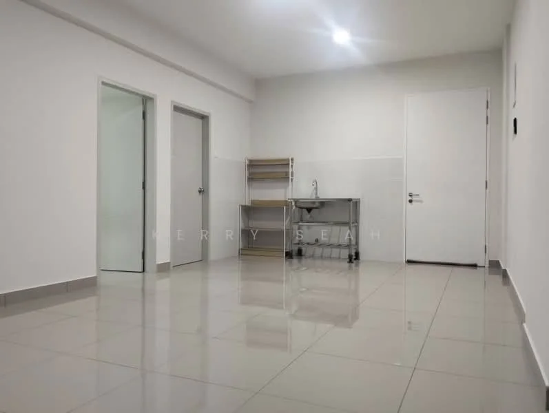 Room features: white painted walls, glossy ceramic tile flooring, recessed downlights, metal shelving unit, stainless-steel sink, single door, double door, neutral color scheme; style: modern.