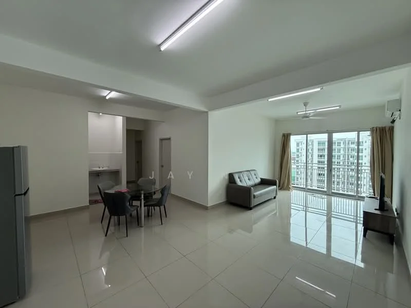 Living features: grey leather sofa, 4-seater dining table, stainless-steel fridge, floor-to-ceiling windows, sliding glass door, cream painted walls, polished tile flooring, ceiling fan with light, TV console, wall-mounted TV, curtains, natural light; style: modern; view: city.