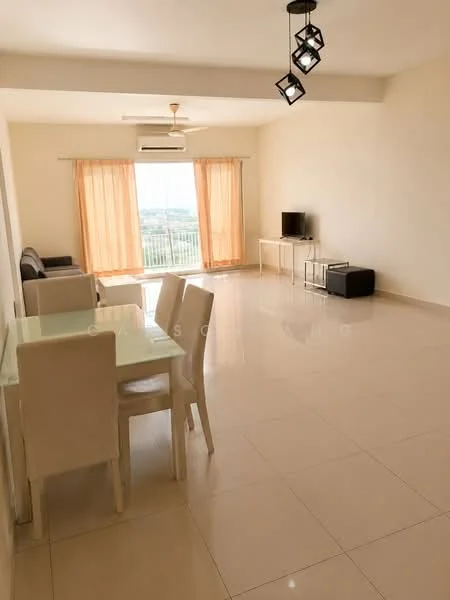 Living features: floor-to-ceiling windows, light beige walls, cream tiled flooring, 5-blade ceiling fan with light, sofa in grey, glass coffee table, TV console, wall-mounted TV, dining table with 4 white chairs, sheer curtains, decorative lighting fixture; style: modern; view: city.