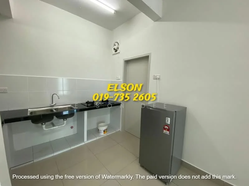 Kitchen features: single-bowl stainless-steel sink, chrome pull-down faucet, black countertop, white tiled backsplash, white cabinets, grey fridge, tile flooring, wall-mounted ventilation fan; style: modern.