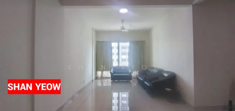 Living features: white painted walls, glossy tile flooring, 5-blade ceiling fan with light, floor-to-ceiling windows, sheer curtains, two black leather sofas, natural light from windows, neutral color scheme; style: modern.