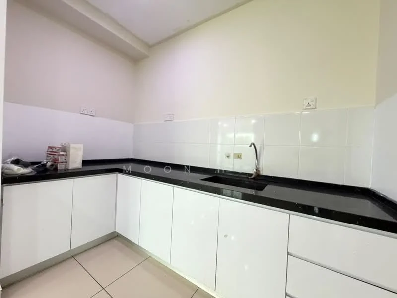 Kitchen features: white cabinetry, black granite countertop, single-bowl stainless-steel sink, chrome faucet, white tiled backsplash, ceramic tile flooring, under-cabinet lighting, built-in cabinets, counter space, appliance garage, corner cabinet; style: modern.