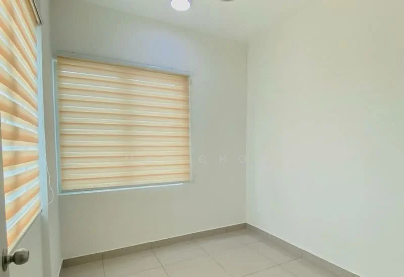 Room features: white painted walls, tile flooring, window with sheer blinds, ceiling light fixture, corner location.