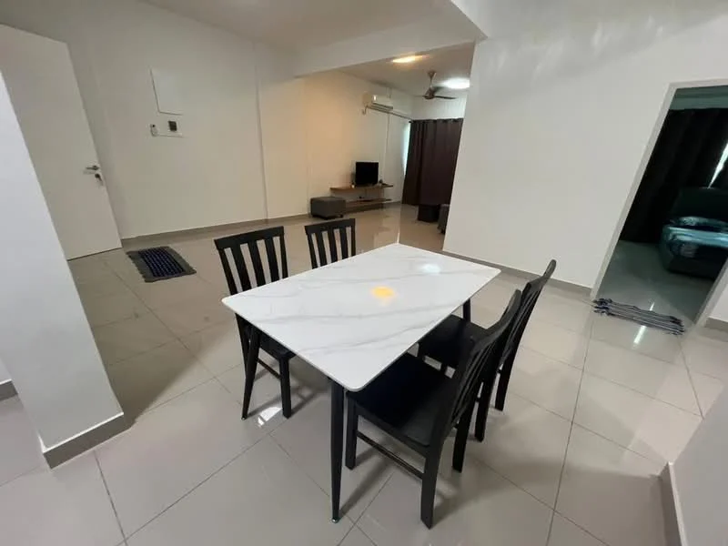 Dining features: marble dining table, 4 black dining chairs, grey tiled flooring, white painted walls, recessed ceiling lights, wall-mounted air conditioning unit, TV console in background, curtains on windows; style: modern. Living features: wall-mounted TV, sofa visible in background, grey tiled flooring, white painted walls, recessed ceiling lights; style: modern. Room features: doorway leading to another room, grey tiled flooring, white painted walls.