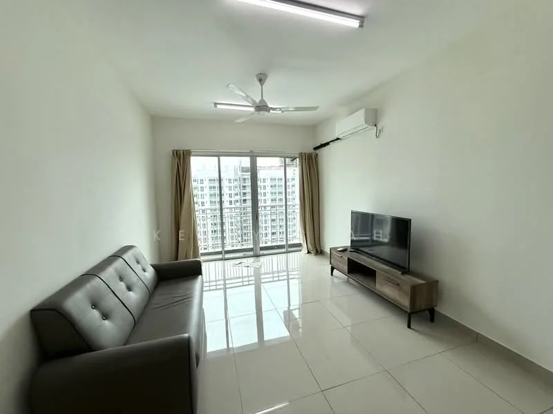 Living features: 3-seater fabric sofa in grey, wall-mounted TV, TV console in wood, white painted walls, glossy tile flooring, ceiling fan, floor-to-ceiling windows, curtains, air conditioning unit; style: modern; view: city.