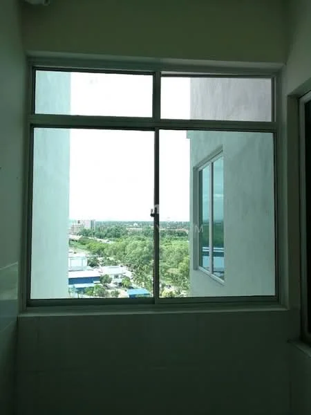 Room features: large window, white walls, view of greenery, view of city skyline; view: city.
