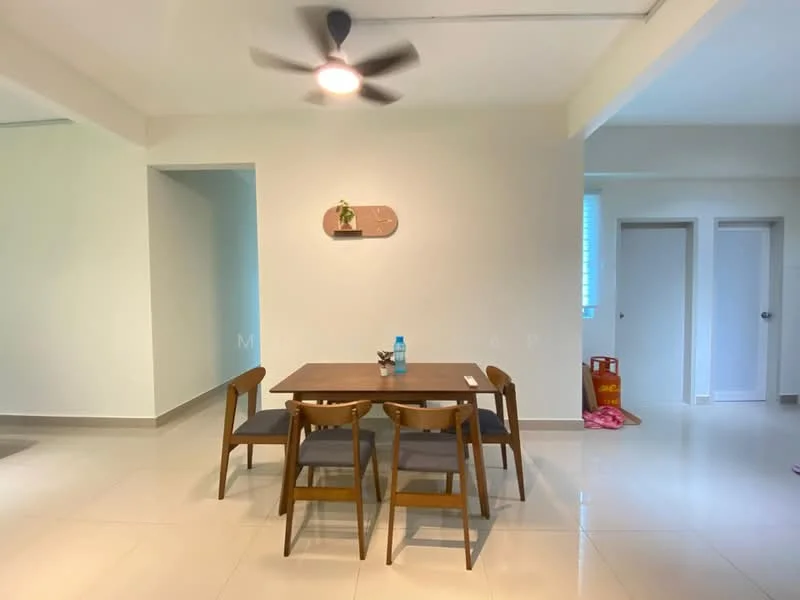 Dining features: dining table with four chairs, ceiling fan with light, white painted walls, light-colored tiled flooring, window with natural light, decorative wall shelf, water bottle on table; style: modern. Room features: doorway leading to another room, doorway leading to hallway.