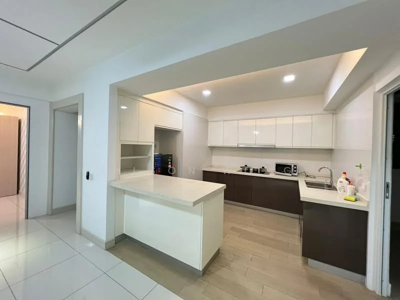 Kitchen features: white cabinetry, brown lower cabinets, marble countertop, stainless-steel sink, chrome pull-down faucet, built-in microwave, freestanding range oven, ceramic tile flooring, recessed downlights, open shelving, kitchen island, wall-mounted cabinets; style: modern. Room features: white painted walls, tile flooring, doorway leading to another room.
