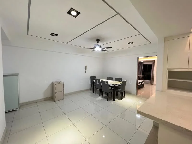 Dining features: white painted walls, glossy ceramic tile flooring, 5-blade ceiling fan with light, recessed downlights, 6-seater dining table, upholstered dining chairs, open layout, sliding glass door leading to balcony; style: modern. Room features: white painted walls, glossy ceramic tile flooring.