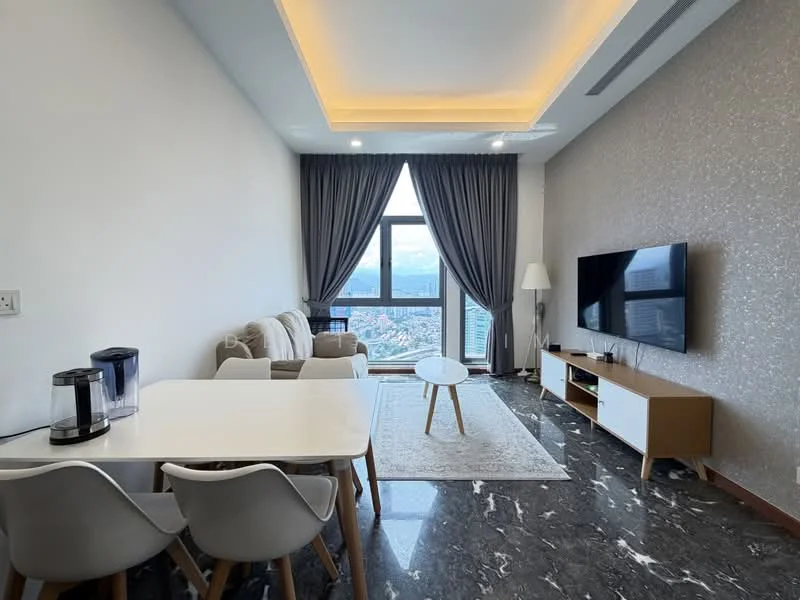 Living features: grey fabric sofa, white coffee table, TV console with storage, wall-mounted flat-screen TV, marble flooring, recessed ceiling lights, floor-to-ceiling windows, sheer curtains, decorative area rug, decorative wall with textured finish, lamp, dining table with white chairs, kettle, water dispenser; style: modern; view: city.