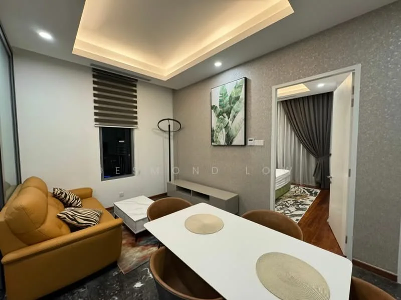 Living features: brown leather sofa, white dining table, decorative wall art, recessed ceiling lights, wooden flooring, roller blinds on window, TV console, area rug with geometric pattern; style: modern. Room features: grey wallpaper, doorway leading to another room, curtains, bed visible in background.