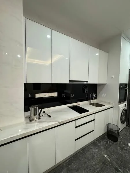 Kitchen features: white high-gloss cabinetry, black backsplash, marble countertop, single-bowl stainless-steel sink, chrome pull-down faucet, built-in oven, freestanding washing machine, grey marble flooring, recessed downlights, kettle, waste bin; style: modern.