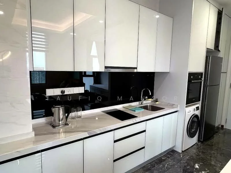 Kitchen features: white high-gloss cabinetry, marble countertop, black glass backsplash, single-bowl stainless-steel sink, chrome pull-down faucet, built-in oven, freestanding range oven, stainless-steel fridge, front-load washing machine, under-cabinet lighting, grey marble flooring, recessed ceiling lights; style: modern.