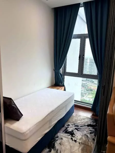 Bedroom features: single bed, blue curtains, floor-to-ceiling window, wooden flooring, nightstand, decorative rug, city view; style: modern; view: city.