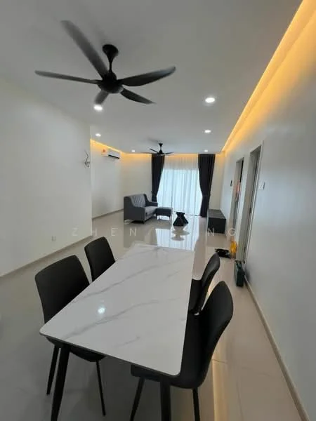 Dining features: marble dining table, 4 black dining chairs, white painted walls, recessed LED downlights, 5-blade ceiling fan, sliding glass door, floor-to-ceiling windows with sheer curtains, grey sofa, decorative wall art, light wood flooring; style: modern. Living features: grey fabric sofa, recessed LED lighting, white painted walls, 5-blade ceiling fan, floor-to-ceiling windows with sheer curtains; style: modern.