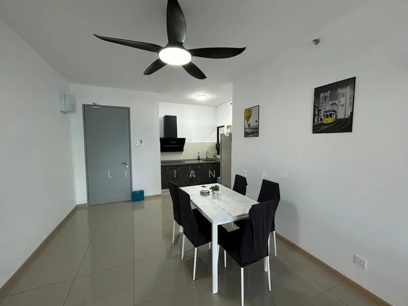 Dining features: 4-seater dining table, black upholstered dining chairs, white marble tabletop, 5-blade ceiling fan with light, grey painted walls, tile flooring, framed artwork on walls, kitchen area visible in background; style: modern.