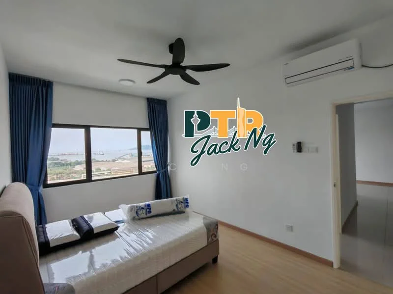 Bedroom features: queen-size bed, upholstered headboard, bedside lamps, floor-to-ceiling windows, blue curtains, 5-blade ceiling fan with light, wall-mounted split AC, wooden flooring, decorative wall, view of the city skyline; style: modern; view: city.