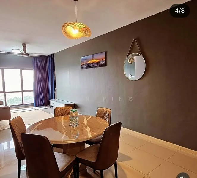 Dining features: round marble dining table, 4 upholstered dining chairs in brown, pendant light fixture, grey accent wall, floor-to-ceiling windows, curtains in blue, decorative mirror, TV console, decorative artwork on wall, ceramic tile flooring; style: modern; view: city.