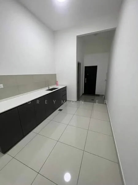 Room features: white painted walls, grey cabinetry, white countertop, single-bowl stainless-steel sink, chrome faucet, glossy tile flooring, recessed ceiling lights, doorway leading to another room; style: modern.