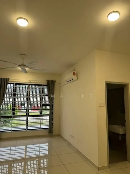 Living features: white painted walls, glossy ceramic tile flooring, 5-blade ceiling fan with light, recessed LED downlights, floor-to-ceiling windows, roller blinds, wall-mounted split AC, curtains, doorway leading to bathroom; style: modern; view: garden.