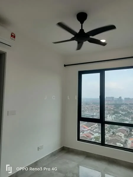 Room features: white painted walls, grey tile flooring, 5-blade ceiling fan with light, floor-to-ceiling windows, city view; style: modern; view: city.