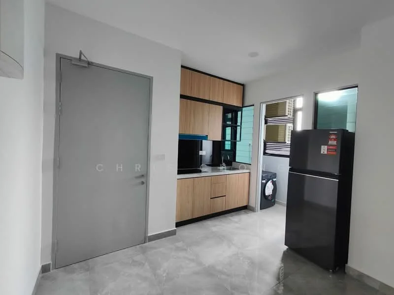 Kitchen features: grey tiled flooring, white painted walls, wood cabinetry, black countertop, built-in kitchen appliances, stainless-steel fridge, single-bowl stainless-steel sink, chrome pull-down faucet, wall-mounted split AC, window with blinds; style: modern.
