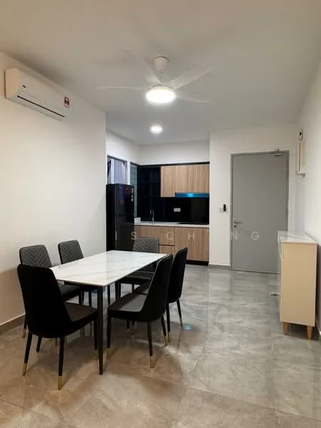 Dining features: 4-seater dining table with marble top, black upholstered dining chairs, wall-mounted split AC, grey tiled flooring, white painted walls, recessed ceiling lights, kitchen area visible in background, black refrigerator, wood cabinetry in kitchen, door leading to hallway; style: modern.