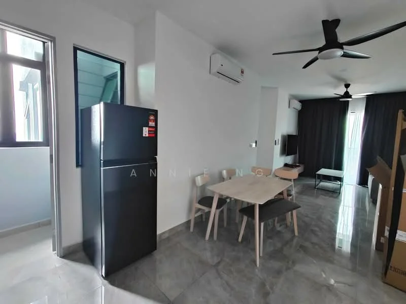 Living features: grey marble tile flooring, white painted walls, 5-blade ceiling fan with light, wall-mounted split AC, floor-to-ceiling windows, blackout curtains, dining table with four chairs, stainless-steel fridge, sofa, decorative wall art; style: modern.
