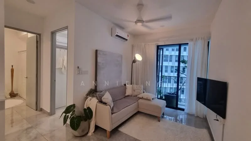 Living features: 3-seater fabric sofa in light grey, floor lamp, wall-mounted TV, ceiling fan, marble tile flooring, white painted walls, large sliding glass door, sheer curtains, indoor plant, decorative throw pillows, coffee table; style: modern; view: city. Room features: doorway leading to bathroom, white painted walls, light fixture.