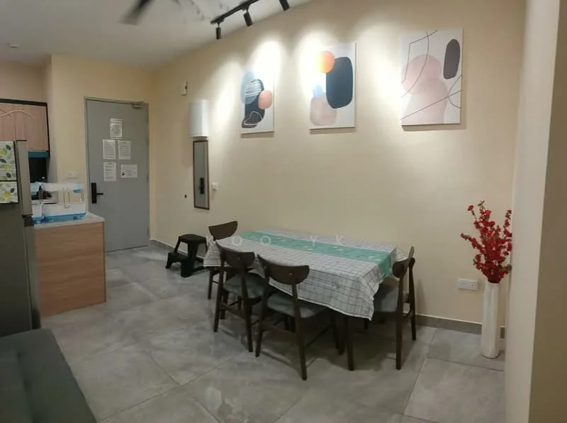 Dining features: dining table with checkered tablecloth, 4 wooden dining chairs, framed artwork on walls, light grey tiled flooring, decorative red flower arrangement, wall-mounted light fixtures, cream painted walls, doorway leading to another room; style: modern. Room features: kitchen cabinetry visible, refrigerator, countertop with sink, open layout to dining area.
