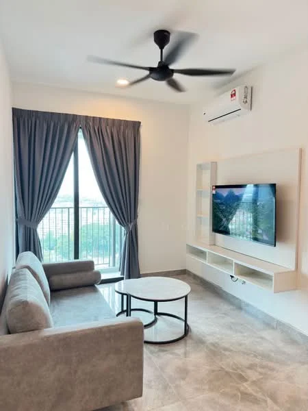 Living features: 3-seater fabric sofa in grey, round coffee table with black metal frame, wall-mounted TV, TV console, floor-to-ceiling windows, grey curtains, wall-mounted split AC, recessed downlights, polished tile flooring; style: modern; view: city.