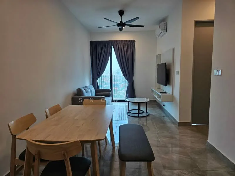 Living features: grey fabric sofa, wooden dining table, 4 wooden dining chairs, bench seating, wall-mounted TV, TV console, floor-to-ceiling windows, curtains, ceiling fan, split air conditioning unit, grey tiled flooring, light-colored painted walls; style: modern; view: city.