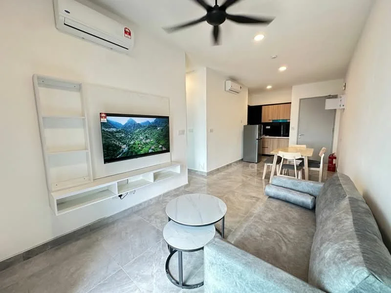 Living features: grey fabric sofa, 2 round coffee tables with white tops, wall-mounted TV, white TV console, air conditioning unit, recessed lighting, grey tiled flooring, open layout to kitchen, dining table with chairs, kitchenette visible in background; style: modern.