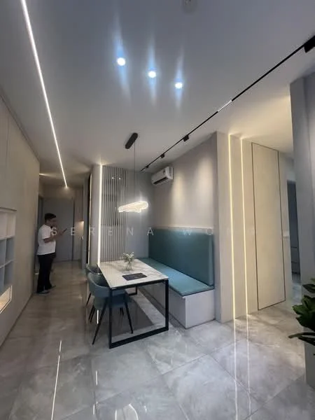Dining features: marble tile flooring, grey painted walls, recessed LED downlights, pendant light, built-in bench seating with cushions, black metal dining table, decorative plant, wall-mounted air conditioning unit, open shelving, sliding doors, neutral color palette; style: modern. Room features: grey painted walls, recessed LED downlights, sliding doors.