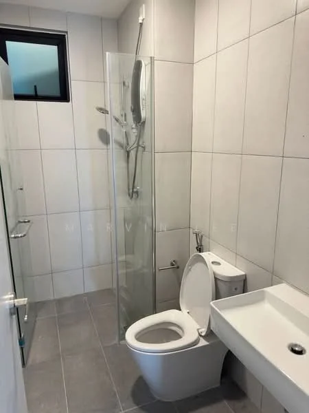 Bathroom features: grey ceramic tile flooring, white painted walls, glass shower enclosure, rain shower head, handheld shower, one-piece toilet, white sink with wall-mounted faucet, mirror above sink, small window for natural light; style: modern.