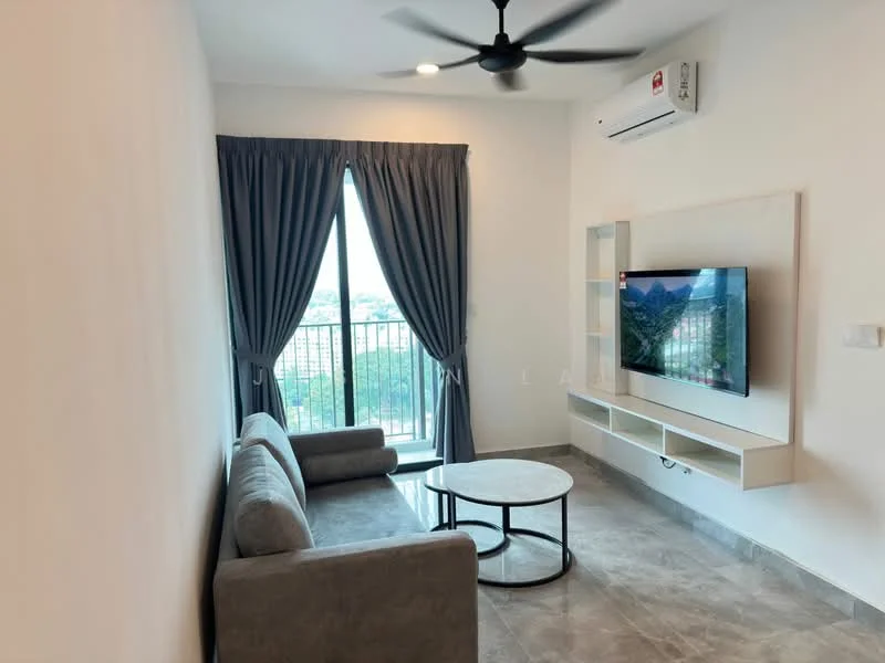 Living features: 3-seater fabric sofa in grey, round coffee table with black metal base, wall-mounted TV, TV console, floor-to-ceiling windows, curtains in grey, ceiling fan with light, air conditioning unit, tile flooring in light grey, decorative wall panel; style: modern; view: city.