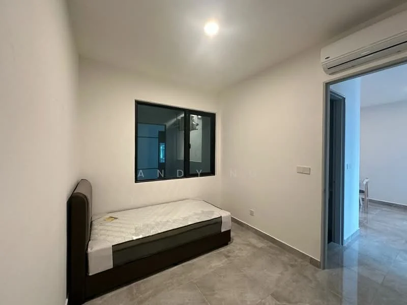 Bedroom features: single bed frame, mattress, white painted walls, grey tiled flooring, floor-to-ceiling window, air conditioning unit, light fixture, doorway to adjacent room; style: modern.