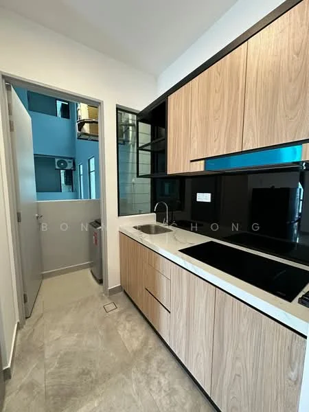 Kitchen features: laminate cabinetry in light wood, white quartz countertop, single-bowl stainless-steel sink, chrome pull-down faucet, built-in electric cooktop, black glass backsplash, refrigerator visible in adjacent room, grey tile flooring, wall-mounted microwave, open shelving above countertop, under-cabinet lighting; style: modern.